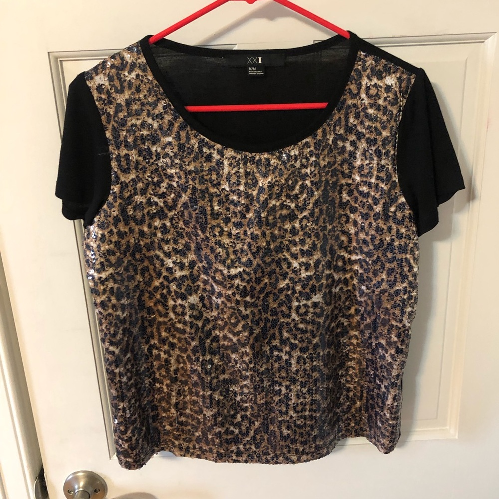 Leopard/sequin top with black sleeves and back